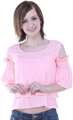 ARMODA Casual Cold Shoulder Solid Women Pink Top