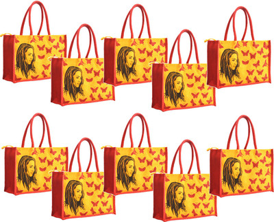 

AGGDA **10 Bags COMBO**AGGDA Jute Shopping Grocery Bag Printed with Women with Butterfly Medium Size with Long Cotton Rope Handle Women Tote Bag and Lunch Bag Waterproof Multipurpose Bag(Yellow, 16 L)