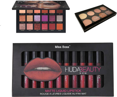 

Miss Boss Huda 12 pcs matte longlasting lipstick tray and kb concealer kit + huda desert dusk palette combo(Set of 3)