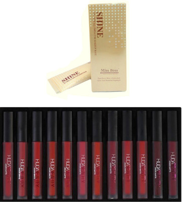 

Miss Boss Huda 12 pcs matte longlasting lipstick tray and glam shine Oil Free Illuminator Base Highlighter combo(Set of 2)
