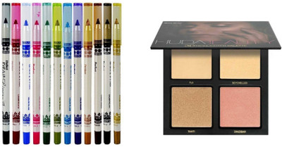 

Miss Boss Huda 3D highlighter palette and mn perfect eye/lip liner pencils (pack of 12) multicolor combo(Set of 2)
