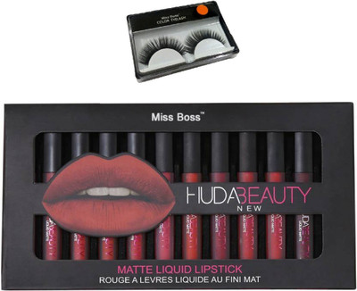 

Miss Boss Huda 12 pcs matte long lasting lipstick tray and 1 pair of false eyelash combo(Set of 2)