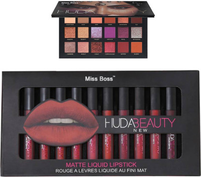 

Miss Boss Huda 12 pcs matte longlasting lipstick tray and huda desert dusk palette combo(Set of 2)