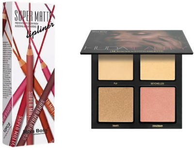 

Miss Boss Huda 3D highlighter palette and mn perfect supermatte lipliner (pack of 12) combo(Set of 2)