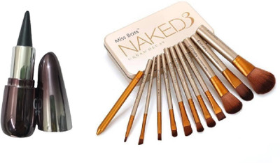 Miss Boss nk naked golden brushes (pack of 12) and Glam Natural Kajal Pack of 1-SGP 3 g (Black) combo(Set of 2)