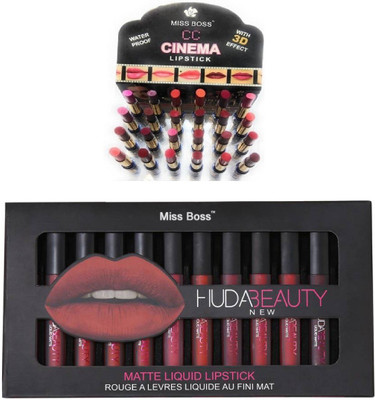 

Miss Boss Huda 12 pcs matte longlasting lipstick and 24 pcs of cinema lipstick combo(Set of 2)