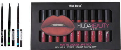 

Miss Boss Huda 12 pcs matte longlasting lipstick tray and glam 3 bgb (black,green,blue) kajal combo(Set of 2)