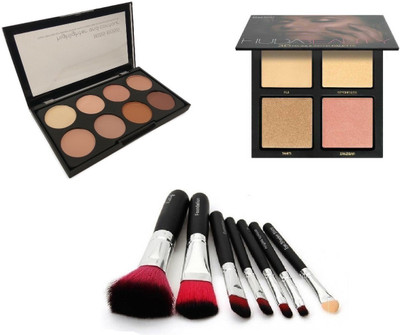 Miss Boss Huda 3D highlighter palette and kb concealer kit + hk black brushes (pack of 7) combocombo(Set of 3)