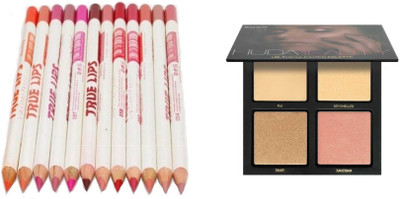 

Miss Boss Huda 3D highlighter palette and mn perfect truelips lipliner (pack of 12) combo(Set of 2)