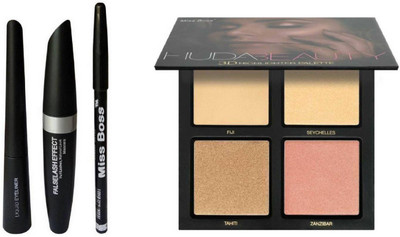 

Miss Boss Huda 3D highlighter palette and pefect makeup 3 in 1 kit (mascara,eyeliner,eyebrow pencil) combo(Set of 2)