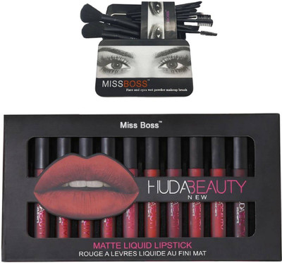 

Miss Boss Huda 12 pcs matte longlasting lipstick tray and huda (pack of 12) black makeup brushes combo(Set of 2)