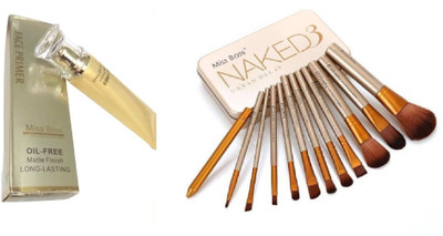 

Miss Boss nk naked golden brushes (pack of 12) and Glam Oil-Free Long-Lasting Matte Finish Face Primer - 40 ml combo(Set of 2)