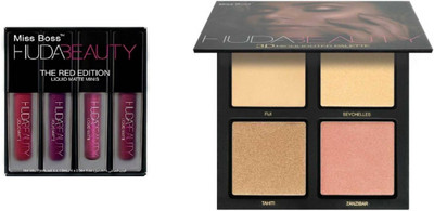 

Miss Boss Huda 3D highlighter palette and huda red edition lipstick (pack of 4) combo(Set of 2)