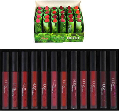 

Miss Boss Huda 12 pcs matte longlasting lipstick and green 24 pcs green tea lipstick combo(Set of 2)