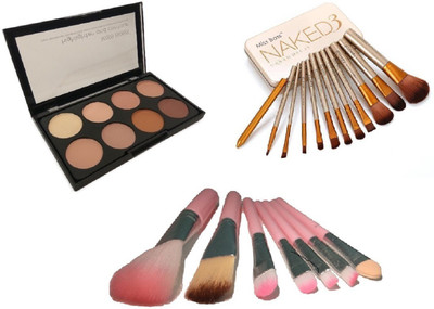 

Miss Boss naked golden brushes (pack of 12) and kb concealer kit + hk pink makeup brushes (pack of 7) combo(Set of 3)