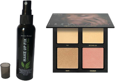 

Miss Boss Huda 3D highlighter palette and kb cinema green tea makeup primer fixer 80ml combo(Set of 2)