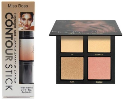 

Miss Boss Huda 3D highlighter palette and kb 2 in 1 contour kit concealer combo(Set of 2)