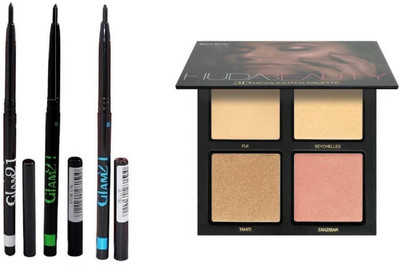 

Miss Boss Huda 3D highlighter palette and glam 3 bgb (blue,green,black) kajal combo(Set of 2)