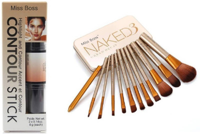 

Miss Boss naked golden brushes (pack of 12) and kb face 2 in 1 contour stick Concealer combo(Set of 2)