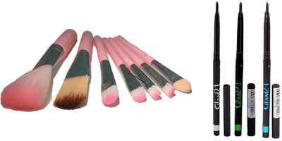 

Miss Boss hk set of 7 pink brushes and bgb (pack of 3) kajal (blue+green+black) combo(Set of 2)