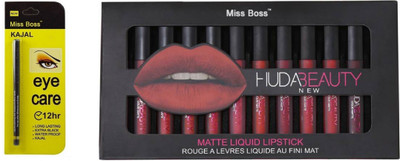 

Miss Boss Huda 12 pcs matte longlasting lipstick and Long Lasting patta black kajal combo(Set of 2)
