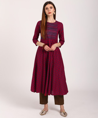 Vishudh Women Printed A-line Kurta(Red)