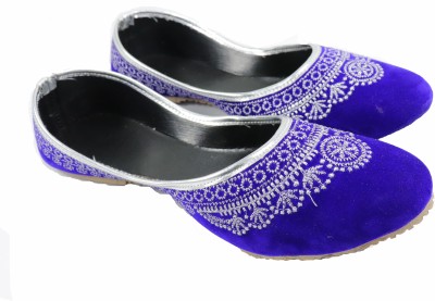 Rajwari Women's Blue Velvet Ethnic Silver Thread Work Jutti Jutis For Women(Blue , 7)