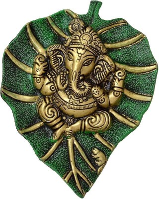 Renown Streets Ganesha On Leaf Wall Hanging Sculpture Lord Ganesh Idol Ganpati Lucky Feng Shui Wall Arts Decorative Showpiece  -  18 cm(Brass, Green, Gold)