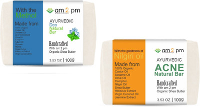 

AM2PM 100% Ayurvedic Deo Natural Bar Soap-With Methol & Shea Butter + Acne Natural Bar Soap-With the goodness of Nilgiri oil(100 g, Pack of 2)