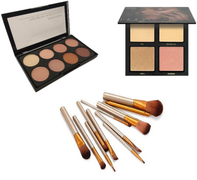 

Miss Boss Huda 3D highlighter palette and kb concealer kit + naked golden brushes (pack of 12) combo(Set of 3)