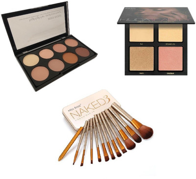 

Miss Boss naked golden brushes (pack of 12) and kb concealer kit + huda professional 3D palette highlighter combo(Set of 3)