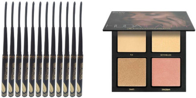 

Miss Boss Huda 3D highlighter palette and long lasting rich color eyeliner (pack of 12) combo(Set of 2)