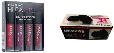 

Miss Boss gel eyeliner with brush 6.0 gm and huda long lasting red edition lipstick (pack of 4) combo(Set of 2)