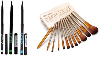 

Miss Boss nk naked golden brushes (pack of 12) and glam 3 bgb (blue,green,black) kajal combo(Set of 2)