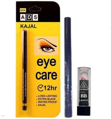 

ADS Kajal & Waterproof Bonjour Liquid Pen Eyeliner & Kiss Beauty BB Mini Lipstick- (Pack Of 3 Combo)(Set of 3)