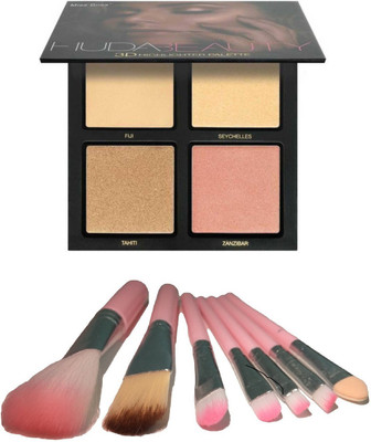

Miss Boss Huda 3D highlighter palette and hk pink brushes (pack of 7) combo(Set of 2)