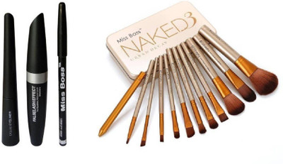 Miss Boss naked golden brushes (pack of 12) and 3 in 1 Eyeliner + eyebrow Pencil + Mascara combo(Set of 4)