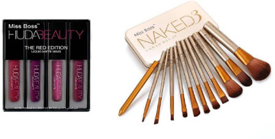 

Miss Boss naked golden brushes (pack of 12) and huda professional red edition lipstick (pack of 4) combo(Set of 2)