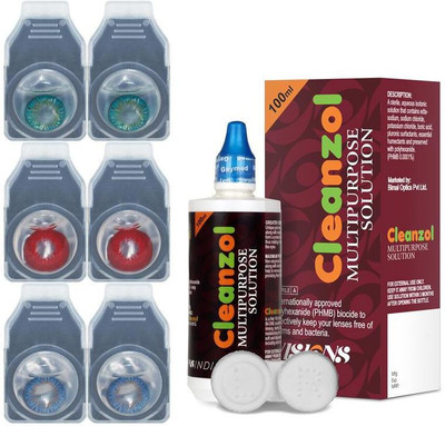 

CleanZol Color Lenses With 100 ml Multipurpose Solution & Lens Case Monthly Contact Lens(-0.00, DarkBlue-Red-Turquoise, Pack of 6)