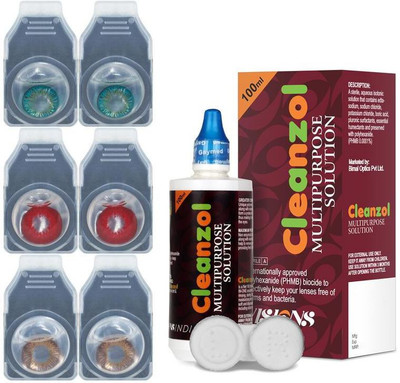 

CleanZol Color Lenses With 100 ml Multipurpose Solution & Lens Case Monthly Contact Lens(-0.00, DarkBrown-Red-Turquoise, Pack of 6)