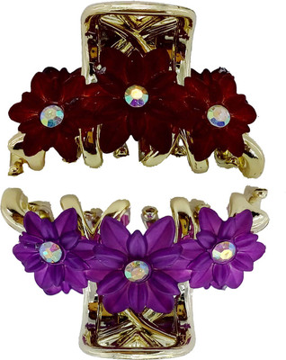 

Saaj Women Collection Flower Golden Hair Clutcher With Stone Hair Claw(Purple, Brown)