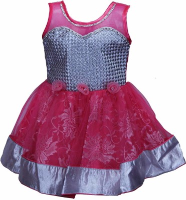 Wishkaro Girls Midi/Knee Length Party Dress(Pink, Sleeveless)