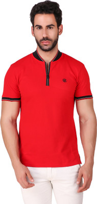 Urban Cop Striped Men Mandarin Collar Red T-Shirt