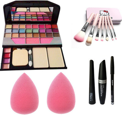 

Aaxyone keup Kit 6155 & Brush Set & EyeLiner Kajal scara (03 in1) & Multicolor 2 Puff Sponges(Set of 4)