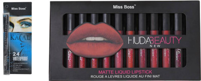 

Miss Boss Huda (12 pcs) matte long lasting lipstick tray and glam waterproof black kajal combo(Set of 2)