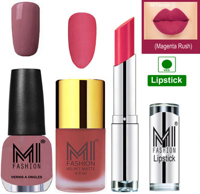 

MI FASHION Premium Quality Super Saver Nail Polish and Lipstick Combo - Light Peach Matte Nail Polish,Nudes Spring Shine Nail Polish and Magenta Lipstick(Set of 3)