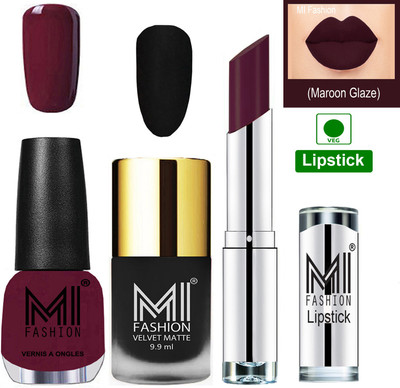 

MI FASHION Premium Quality Super Saver Nail Polish and Lipstick Combo - Black Matte Nail Polish,Wonder Wine Shine Nail Polish and Maroon Rebel Lipstick(Set of 3)