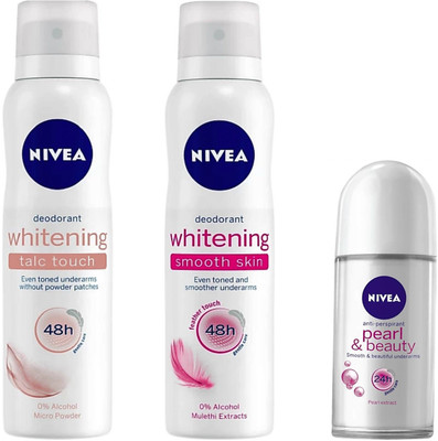 

Nivea Whitening Talc Touch Deodorant Spray,Whitening Smooth Skin Deodorant Spray & Pearl & Beauty Roll-On(Set of 3)
