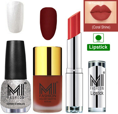 

MI FASHION Premium Quality Super Saver Nail Polish and Lipstick Combo - Cherry Red Matte Nail Polish,Shimmery Silver Shine Nail Polish and Coral Glamour Lipstick(Set of 3)