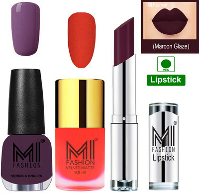 

MI FASHION Premium Quality Super Saver Nail Polish and Lipstick Combo - Orange Matte Nail Polish,Dark Purple Shine Nail Polish and Maroon Rebel Lipstick(Set of 3)